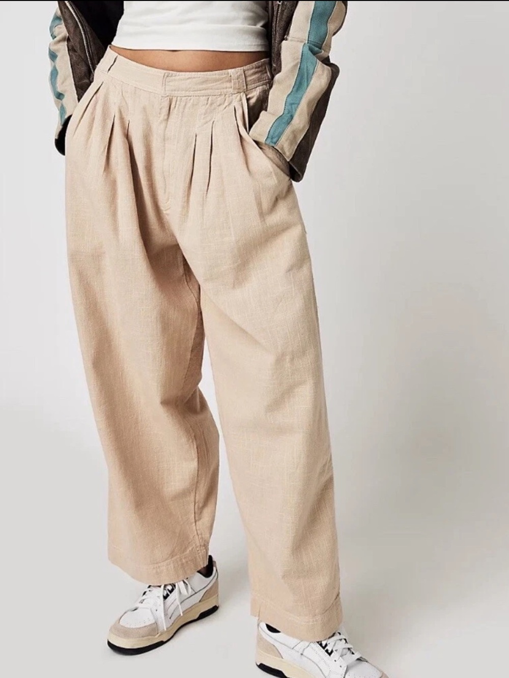 Free People Cream Elastic-Waist Linen Blend Pants